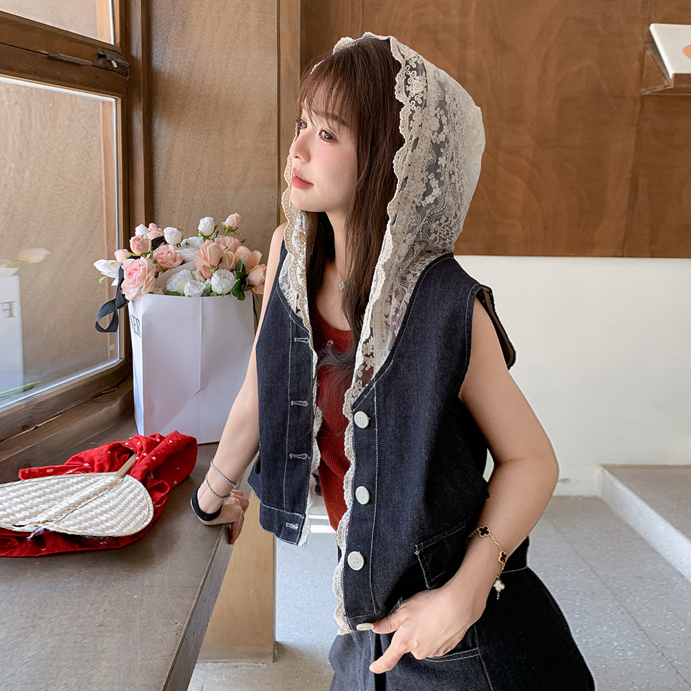 轻熟风韩系蕾丝拼接马甲套装女夏新款小个子显瘦T恤阔腿裤三件套，女装套装/套裙，乔安迪