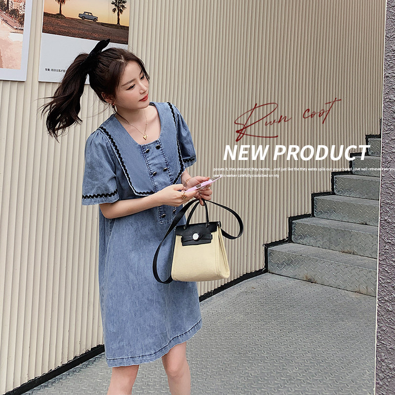 【】现货薄款大码明线学院风牛仔连衣裙2297-P105-K158，女装连衣裙，乔安迪