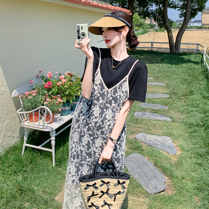蕾丝网纱拼接吊带连衣裙女夏t恤裙小众设计感韩系爆款,女装连衣裙,乔安迪