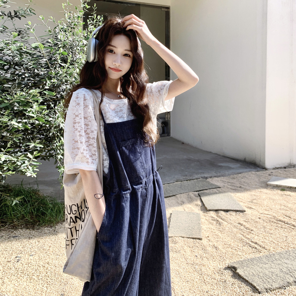 韩系甜酷风牛仔背带裤套装女夏2025新款超好看内搭蕾丝T恤两件套,女装套装/套裙,乔安迪