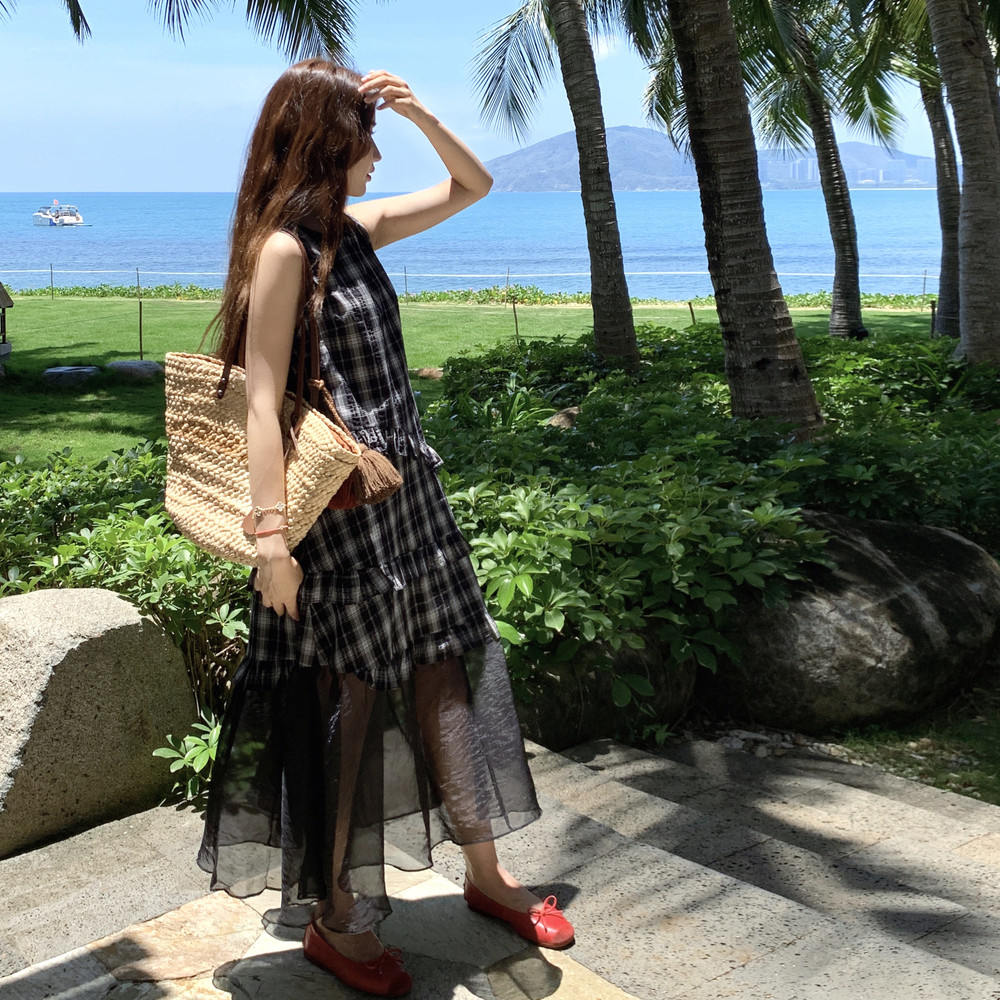 网纱拼接格子无袖连衣裙女2025夏季新款韩系百搭减龄休闲背心长裙,女装连衣裙,乔安迪