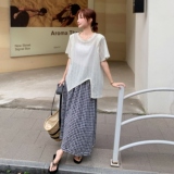 韩版不规则上衣格子半身裙套装女2025夏季新款度假风超好看两件套，女装套装/套裙，乔安迪