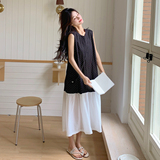 韩系减龄黑白拼接波点无袖连衣裙女2025夏季新款假两件网纱背心裙，女装连衣裙，乔安迪