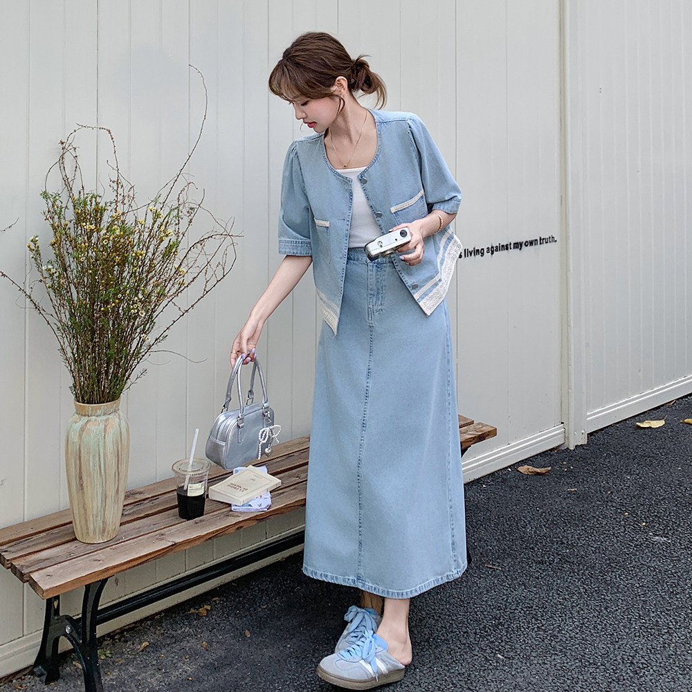 新品，现货5886-P175-K258薄牛仔短袖半身裙两件套（蕾丝拼接，女装套装/套裙，乔安迪