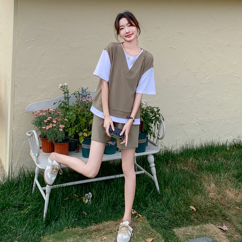 法式时尚假两件拼色T恤女2025夏季新款显瘦阔腿短裤子,女装运动套装,乔安迪