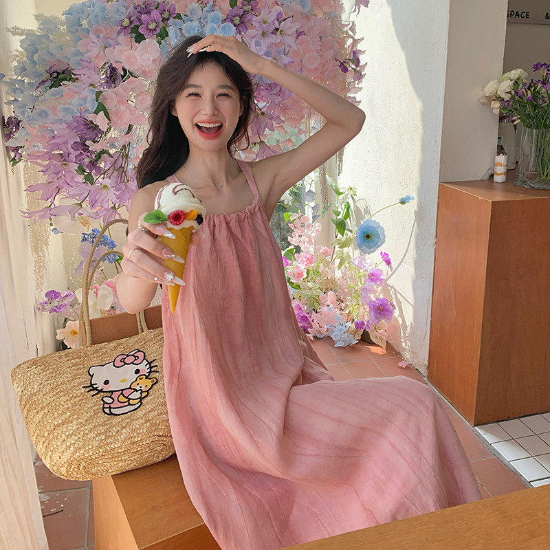 甜美减龄粉色无袖连衣裙女夏2025新款法式温柔风显瘦海边度假长裙,女装连衣裙,乔安迪