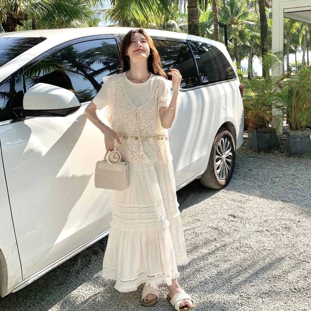 文艺复古时尚套装裙女2025夏季新款韩版镂空马甲T恤半身裙三件套图片