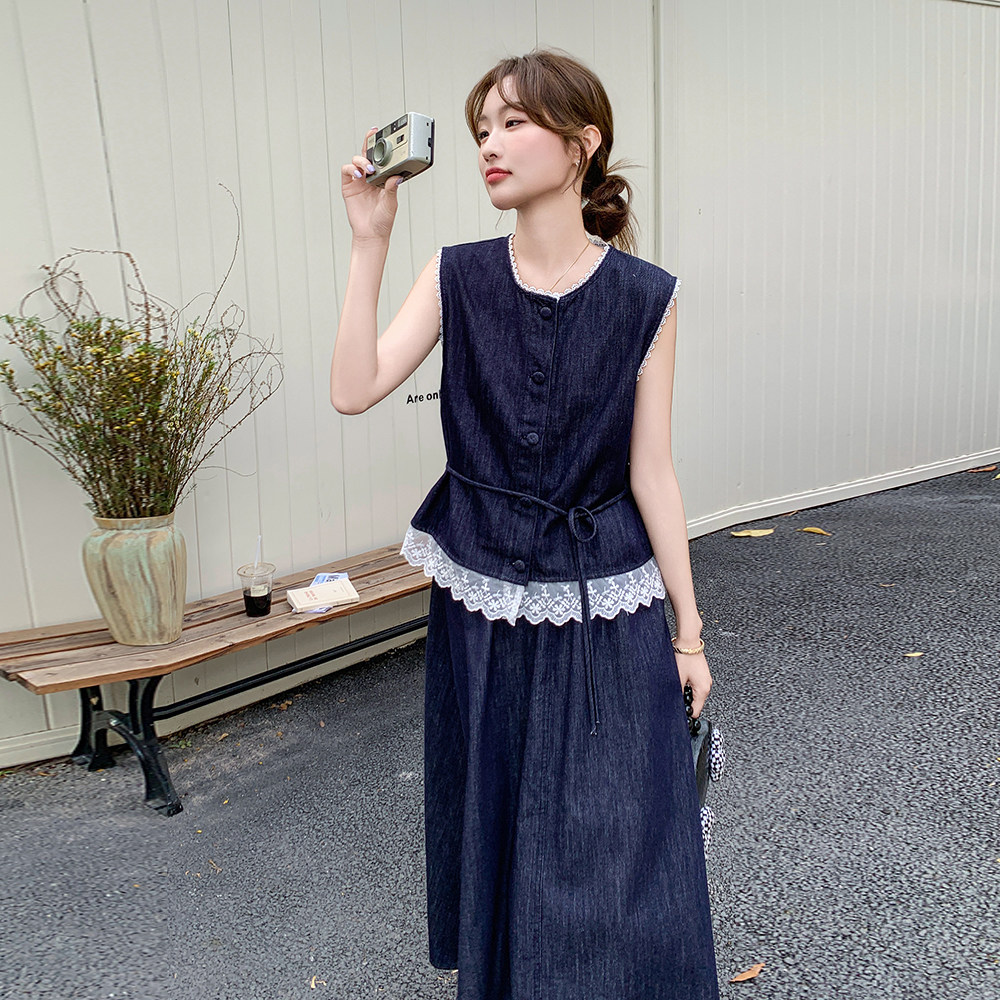 蕾丝拼接牛仔马甲半身裙套装女2025夏季新款复古设计感休闲两件套图片