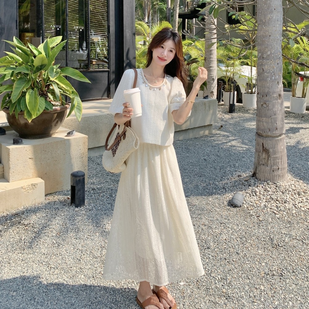 米白色蕾丝套装裙女2025夏季新款独特绝美泡泡袖上衣半身裙两件套,女装套装/套裙,乔安迪