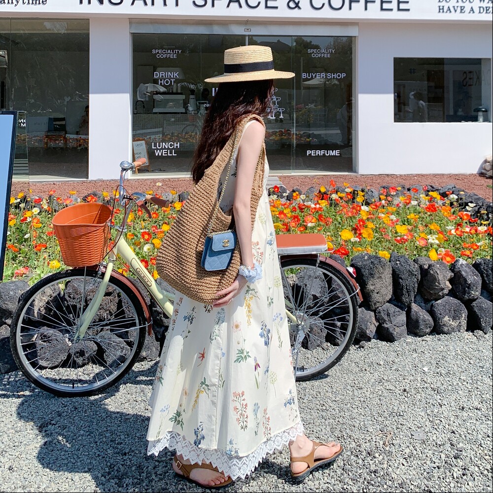 蕾丝拼接印花连衣裙女2025年夏季新款韩版小个子甜美减龄无袖长裙,女装连衣裙,乔安迪