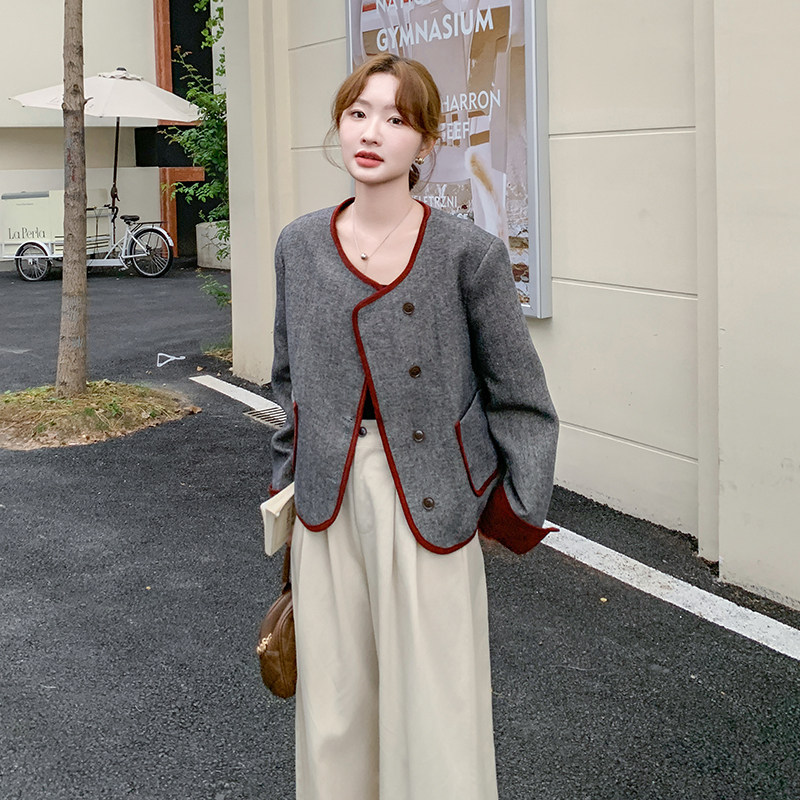 【现货】126-9036-P135-K198撞色包边毛呢小香外套,女装短外套,乔安迪