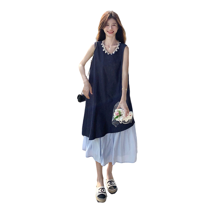 法式度假风拼色无袖连衣裙女2025夏季新款独特漂亮宽松显瘦背心裙,女装连衣裙,乔安迪