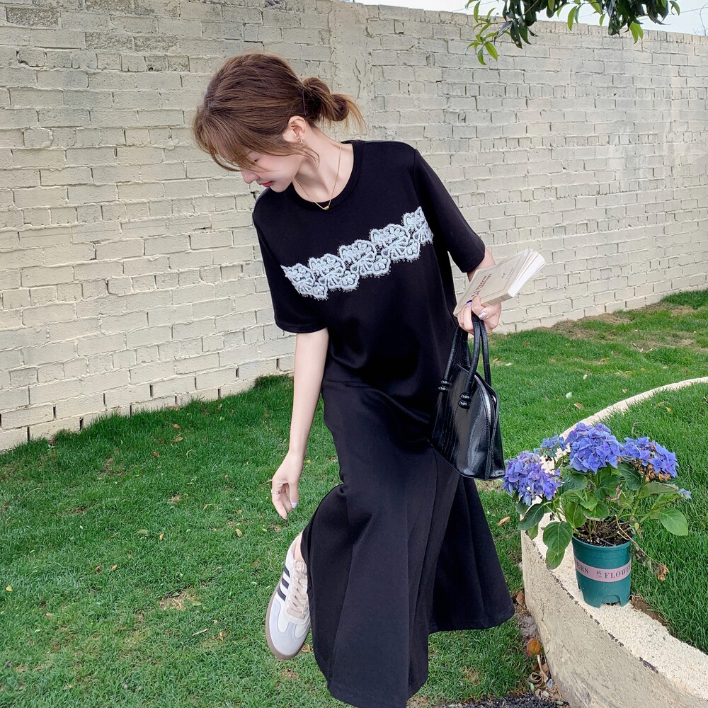 蕾丝拼接黑色T恤连衣裙女2025夏季新款韩系设计感宽松显瘦鱼尾裙,女装连衣裙,乔安迪