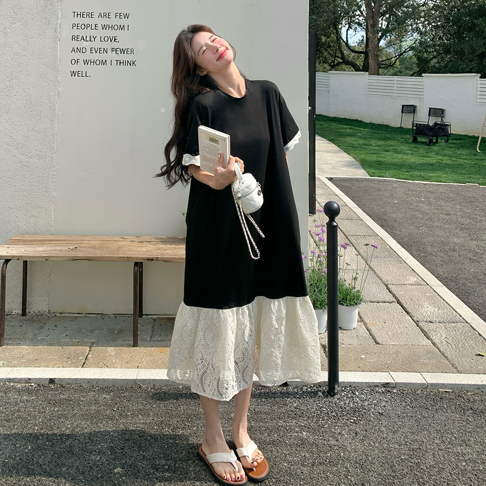 黑色蕾丝拼接T恤裙女夏季2025年新款韩版小个子设计感宽松连衣裙,女装连衣裙,乔安迪