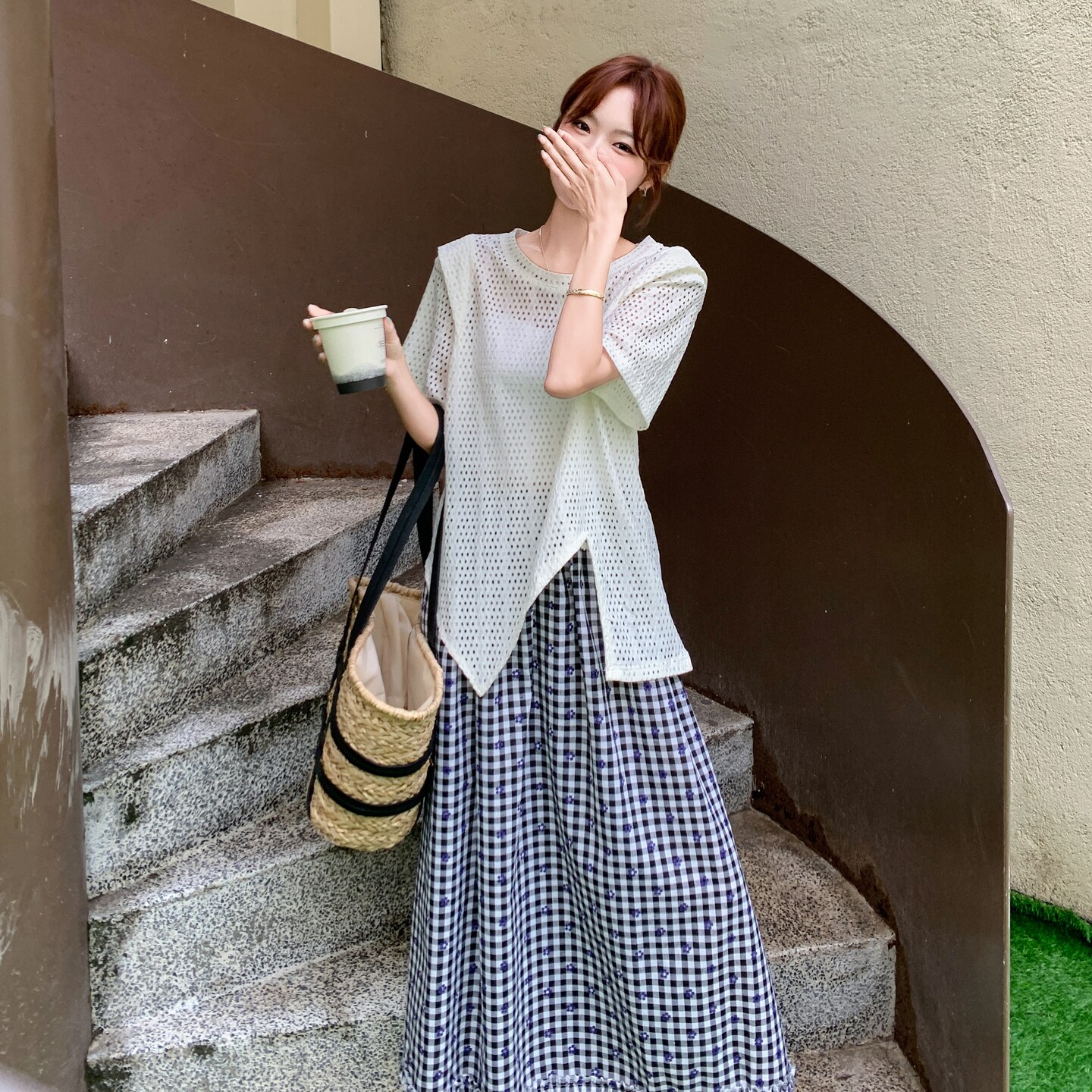 韩版不规则上衣格子半身裙套装女2025夏季新款度假风超好看两件套,女装套装/套裙,乔安迪