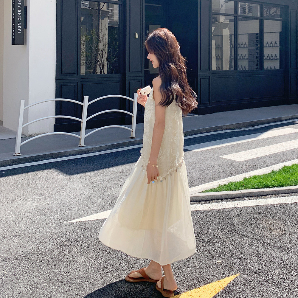 波西米亚风流苏彩贝刺绣连衣裙女法式绝美漂亮气质无袖背心度假裙,女装连衣裙,乔安迪