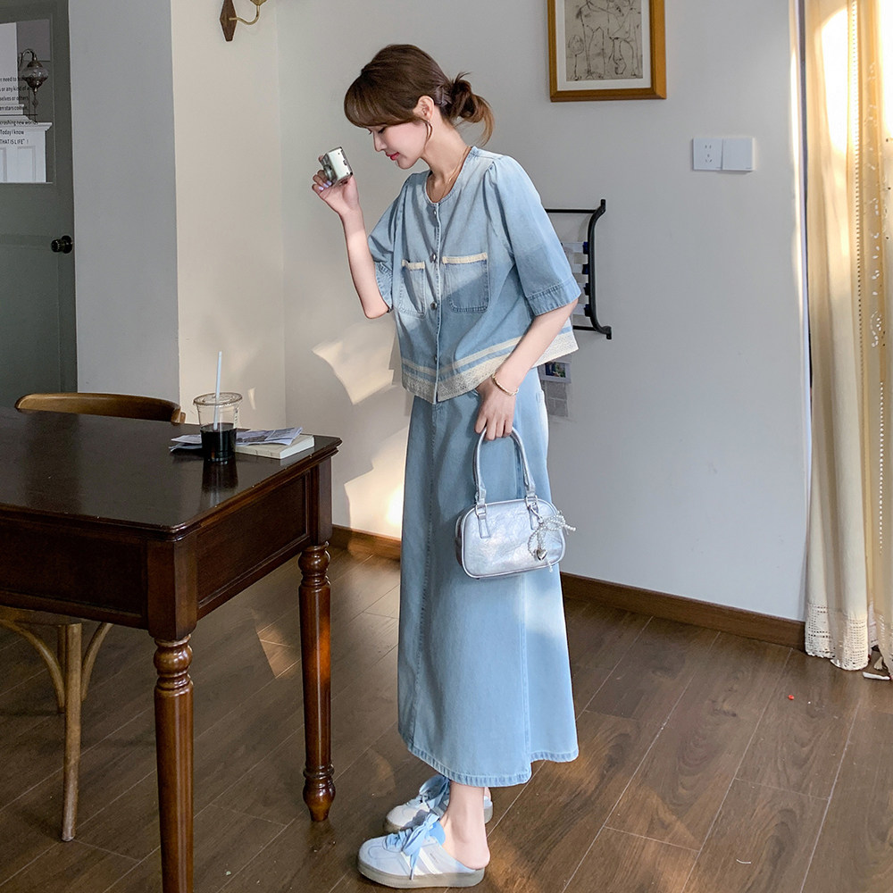 新品，现货5886-P175-K258薄牛仔短袖半身裙两件套（蕾丝拼接,女装套装/套裙,乔安迪