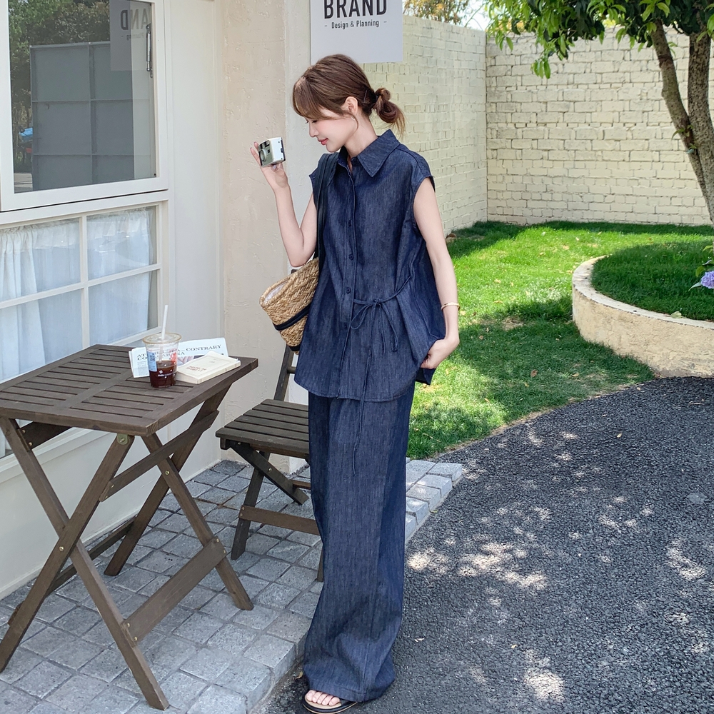 薄牛仔套装女2025新款夏季韩版休闲复古气质松弛感穿搭裤子两件套，女装套装/套裙，乔安迪