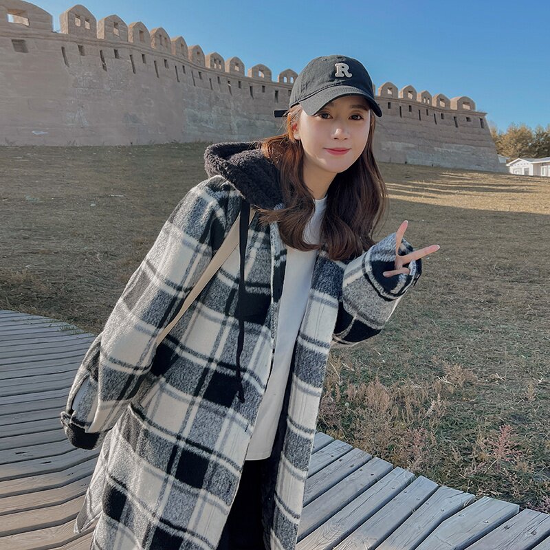 黑白格子连帽毛呢外套女2024秋冬新款韩系宽松复古中长款呢子大衣图片