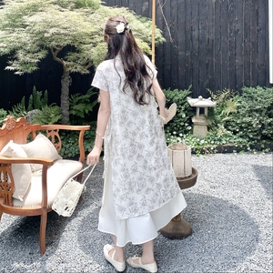 国风印花罩衫裙套装女2025夏季新款拼色印花裙简约吊带裙两件套图片