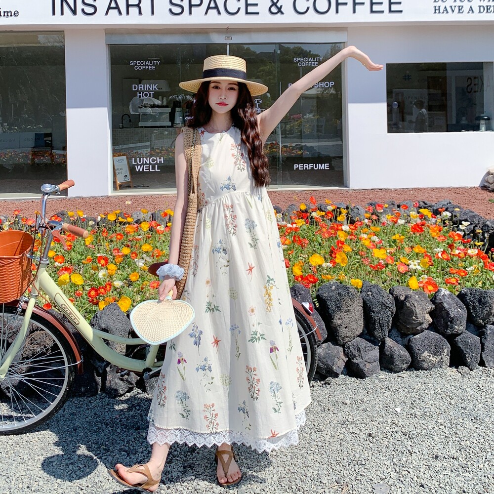 蕾丝拼接印花连衣裙女2025年夏季新款韩版小个子甜美减龄无袖长裙图片