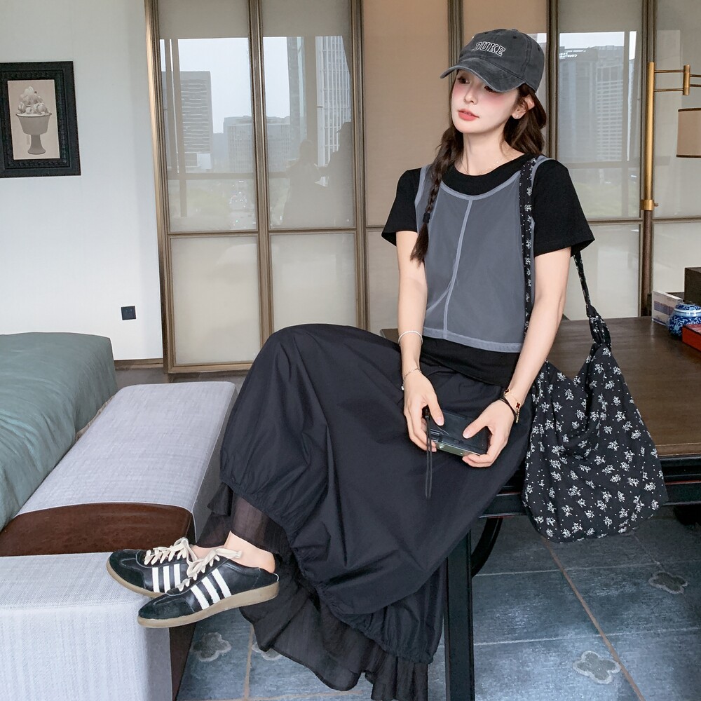 黑色设计感休闲套装裙女2025夏季新款假两件拼接上衣半身裙两件套,女装套装/套裙,乔安迪
