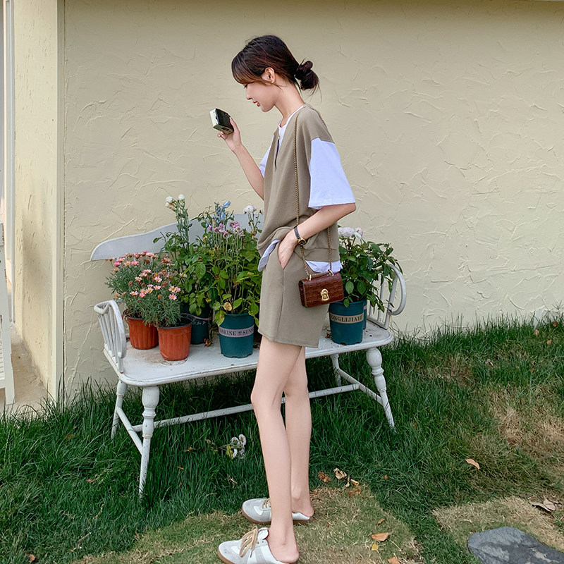法式时尚假两件拼色T恤女2025夏季新款显瘦阔腿短裤子,女装运动套装,乔安迪
