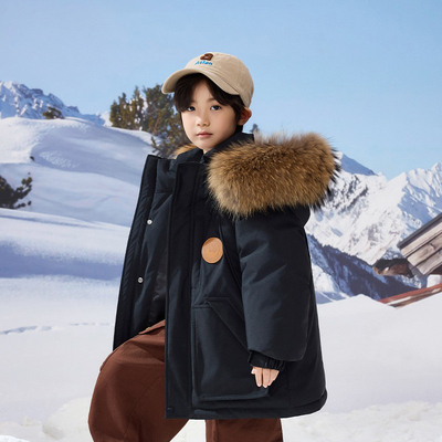 儿童羽绒服男童女童90白鸭绒中大童中长款大毛领冬装外套洋气加厚