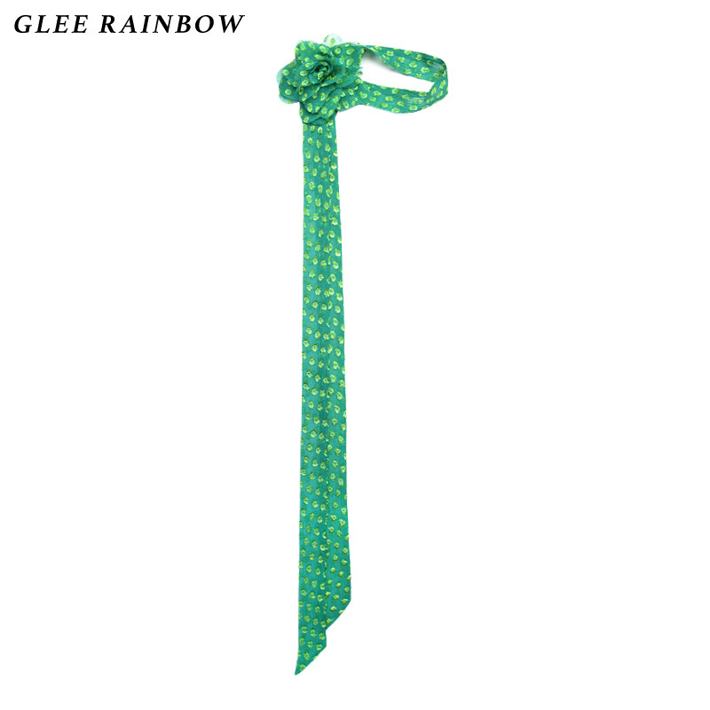 Glee rainbow春季清新黄绿小波点可爱真丝毛边造型颈花蝴蝶结丝巾