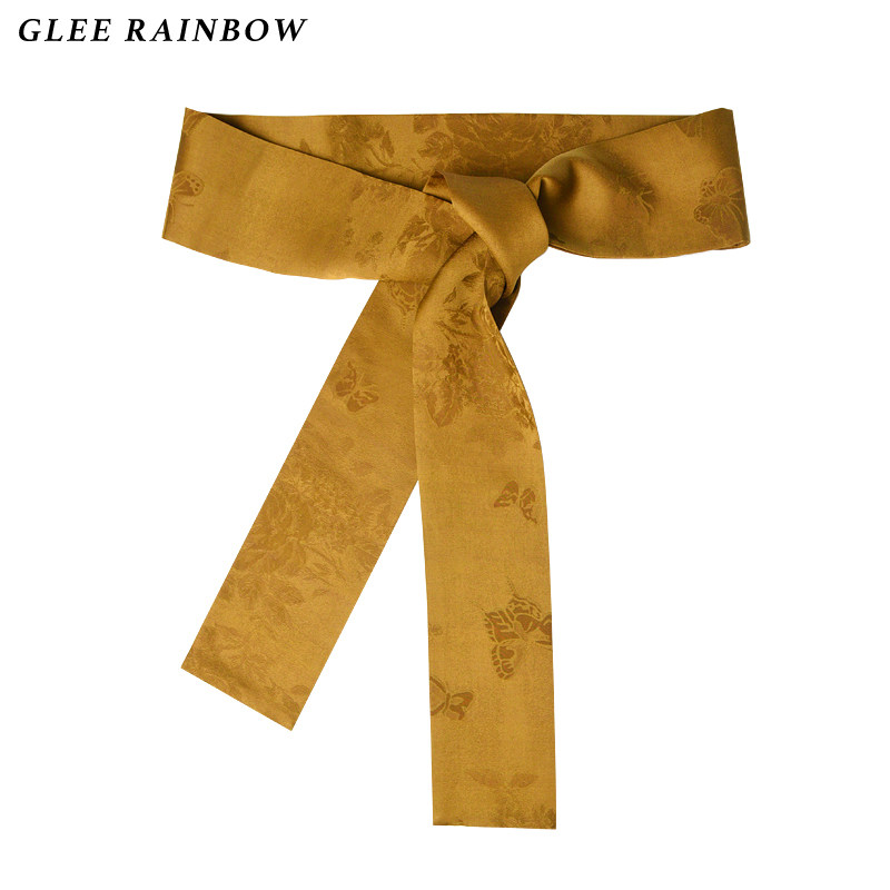 Glee rainbow暗金色蝴蝶与玫瑰提花高级香云纱围巾腰带两用