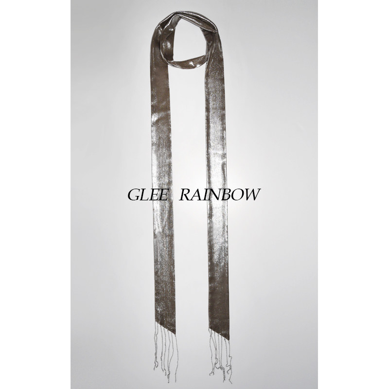 Glee rainbow缎光金属烫银流苏链条窄版超长时髦造型丝巾