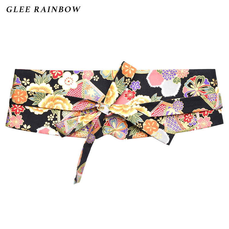 Glee rainbow昭和风黑道千金日系樱花进口纯棉烫金腰封腰带
