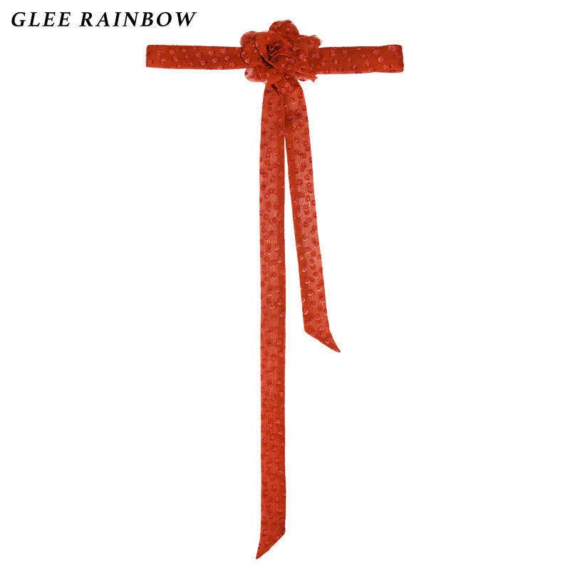 Glee rainbow春季橘红可爱毛边小波点真丝花朵颈花蝴蝶结丝巾