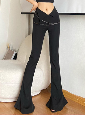 gagaopt2025新款春季挂链高腰V字微喇裤修身显瘦马蹄裤黑色长裤女