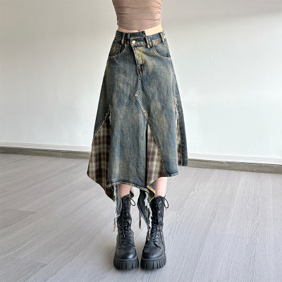 格子不规则拼接格子牛仔半身裙