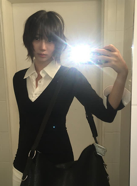 gagaopt甜酷辣妹撞色假两件POLO领长袖T恤秋冬季掐腰显瘦修身上衣