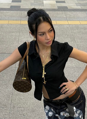 gagaopt美式辣妹风翻领T恤女黑色短袖修身显瘦短款夏季百搭打底衫