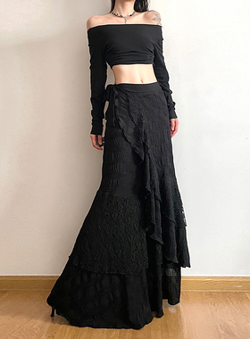 gagaopt赫本风黑色气质一片式半身裙春夏新款高腰显瘦荷叶边长裙