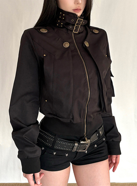 gagaopt美式黑色宽松收腰翻领飞行员夹克外套女早春休闲拉链外套