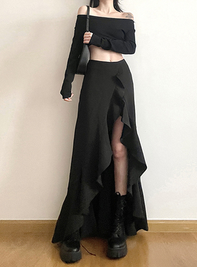 gagaopt2025春季新款高腰显瘦黑色半身裙设计感不规则开叉A字长裙