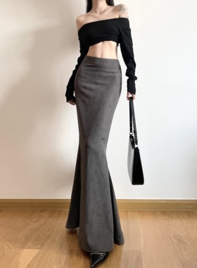 gagaopt2025新款秋冬高腰显瘦包臀鱼尾裙重工设计烫钻印花半身裙