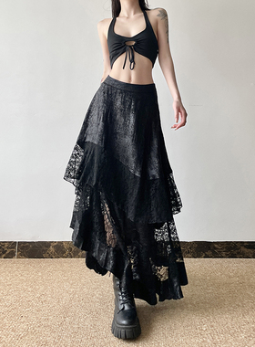 gagaopt2025新款夏季设计感蕾丝拼接不规则半身裙高腰显瘦A字长裙