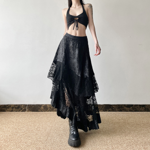 gagaopt2025新款夏季设计感蕾丝拼接不规则半身裙高腰显瘦A字长裙