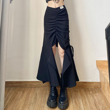gagaopt 自制新款高腰黑色贴标开叉半身长裙女设计感不规则潮裙夏