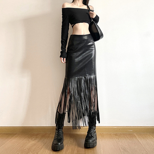 gagaopt美式辣妹流苏拼接半身裙2025冬季高腰显瘦百搭包臀皮裙潮