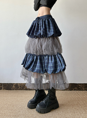 gagaopt透视网纱拼接半身裙女自制高腰抽绳松紧腰修身显瘦蛋糕裙