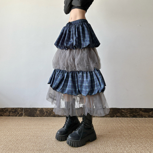 gagaopt透视网纱拼接半身裙女自制高腰抽绳松紧腰修身 显瘦蛋糕裙