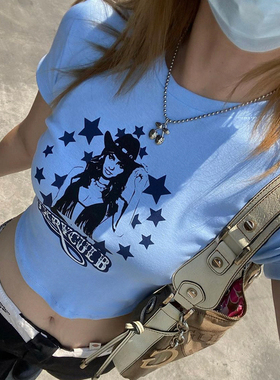 gagaopt千禧风辣妹卡通印花蓝色短袖T恤紧身显瘦短款露脐套头上衣