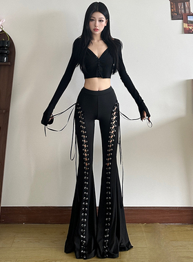 gagaopt重工设计鸡眼绑带微喇裤女高腰显瘦提臀黑色休闲拖地裤冬