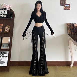 gagaopt重工设计鸡眼绑带微喇裤女高腰显瘦提臀黑色休闲拖地裤冬